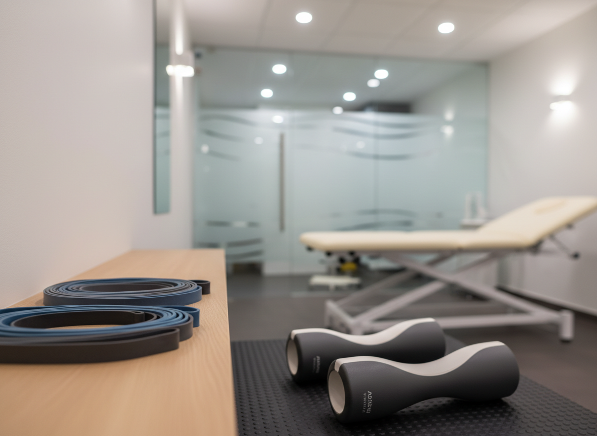 A close-up view of a high-quality physiotherapy treatment zone focused on two elegant therapy tools: a set of resistance bands in muted blues and greys neatly coiled on a light wooden shelf, and a pair of smooth, contoured foam rollers in charcoal and white resting on a dark rubber mat. The background shows out-of-focus elements of a modern clinical space, including a portion of a treatment table and a frosted glass partition. Soft overhead LED lighting combined with indirect wall lighting creates an even, gentle illumination with minimal glare. Photographed in photographic realism with a shallow depth of field and rule-of-thirds composition, the image exudes precision, professionalism, and quiet confidence, emphasizing the quality of equipment used in sophisticated kinésithérapie care.