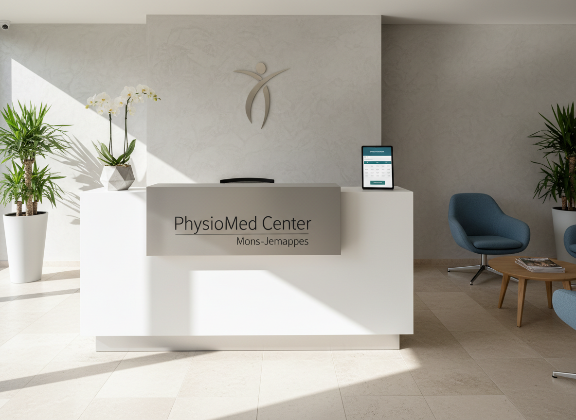 A refined reception area of a physiotherapy center, centered on a sleek, matte white reception desk with a discreet silver nameplate reading “PhysioMed Center Mons-Jemappes.” Behind the desk, a textured light-grey wall holds a minimalist logo in brushed metal. On the counter, a tidy appointment tablet displaying an online booking interface sits beside a small white orchid in a geometric concrete pot. Natural afternoon light enters from an unseen side window, creating soft highlights on the surfaces and subtle shadows on the floor’s pale stone tiles. Captured with photographic realism from a slightly elevated angle, the composition feels open and welcoming, with clean lines, balanced symmetry, and a calm, sophisticated mood that suggests efficiency, discretion, and expert care.