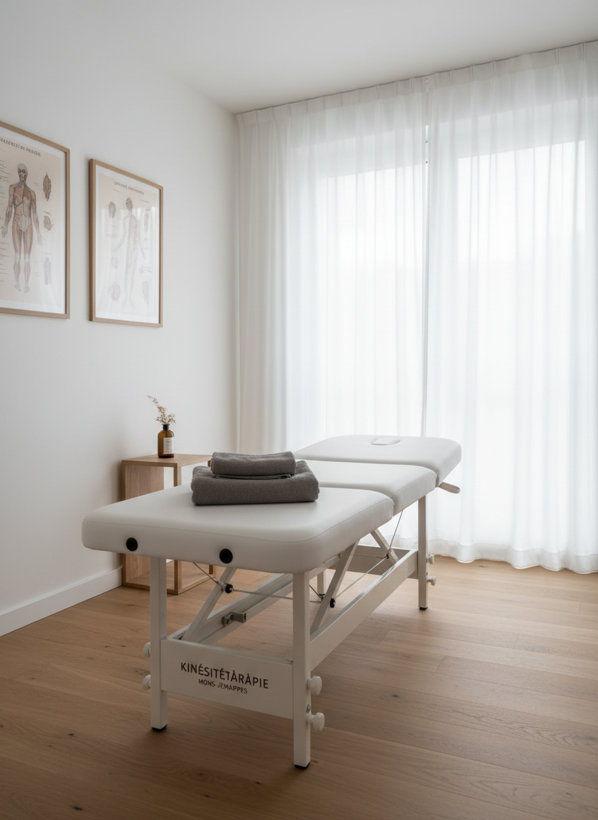 A sophisticated physiotherapy treatment room designed in soft neutral tones, featuring a premium white adjustable treatment table with neatly folded grey towels and a small, elegant bottle of massage oil on a slim wooden side console. The space is framed by smooth light oak flooring, a large frosted glass window, and minimalist anatomical wall charts in muted colors. Soft daylight filters through sheer white curtains, creating a calm, diffused glow and gentle shadows that emphasize cleanliness. Photographed at eye level with photographic realism, the composition uses the rule of thirds to highlight the table as the focal point, with a subtle bokeh effect on the background, conveying a serene, professional, and reassuring atmosphere suitable for a high-end kinésithérapie center in Mons-Jemappes.