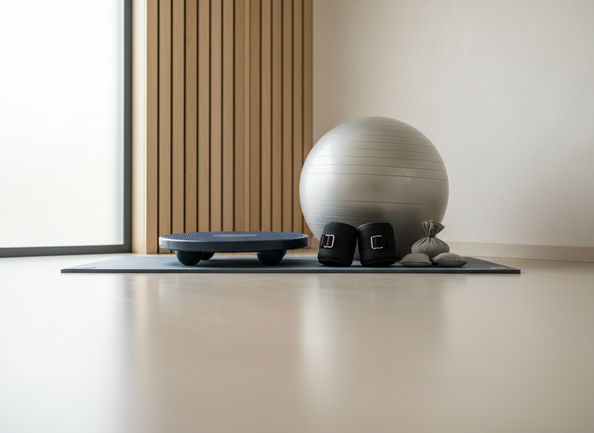 A dedicated rehabilitation corner in a physiotherapy clinic, showcasing a neatly arranged set of balance and proprioception tools: a dark-blue balance board, a silver stability ball, and an elegantly designed set of small ankle weights laid out on a pristine, slate-grey exercise mat. The corner is framed by a pale, textured wall and vertical wooden slats that add warmth without clutter. Large windows out of frame bathe the space in soft, diffused daylight, while subtle reflections appear on the polished vinyl flooring. Captured from a slightly low angle in photographic realism, with sharp focus throughout, the composition emphasizes order, safety, and technical rigor, evoking a calm yet purposeful atmosphere ideal for structured kinésithérapie rehabilitation programs.