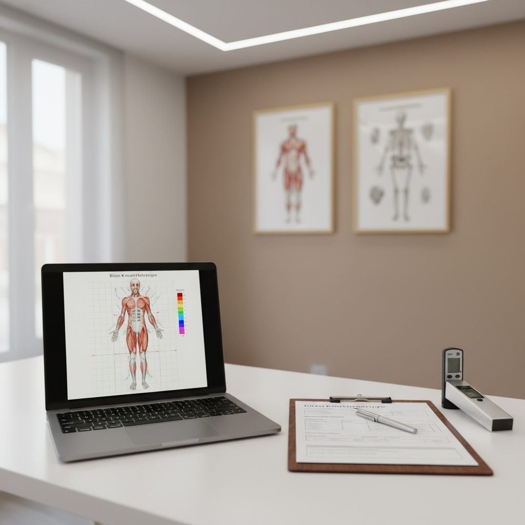 A sophisticated workstation used for physiotherapy assessment, featuring a slim, silver laptop open on a minimalist white desk displaying a detailed posture analysis diagram. Beside it, a refined clipboard with neatly printed evaluation forms, a high-quality pen, and a digital goniometer rest in precise alignment. In the background, slightly blurred, hang two tasteful, monochrome anatomical posters framed in light wood, set against a soft taupe wall. Indirect ceiling lighting and gentle daylight from an unseen window create a balanced, shadow-free illumination. Photographed with photographic realism from an eye-level angle, the composition is clean, organized, and subtly luxurious, conveying meticulous assessment, evidence-based practice, and the advanced diagnostic approach of a modern kinésithérapie center in Mons-Jemappes.